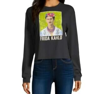 Frida Kahlo Cropped Black Long Sleeve T-Shirt, Size Small